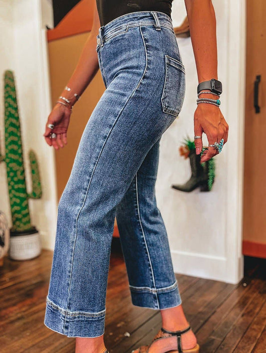 Mineral Wash High Waist Bell Bottom Crop Jeans: Blue / XL