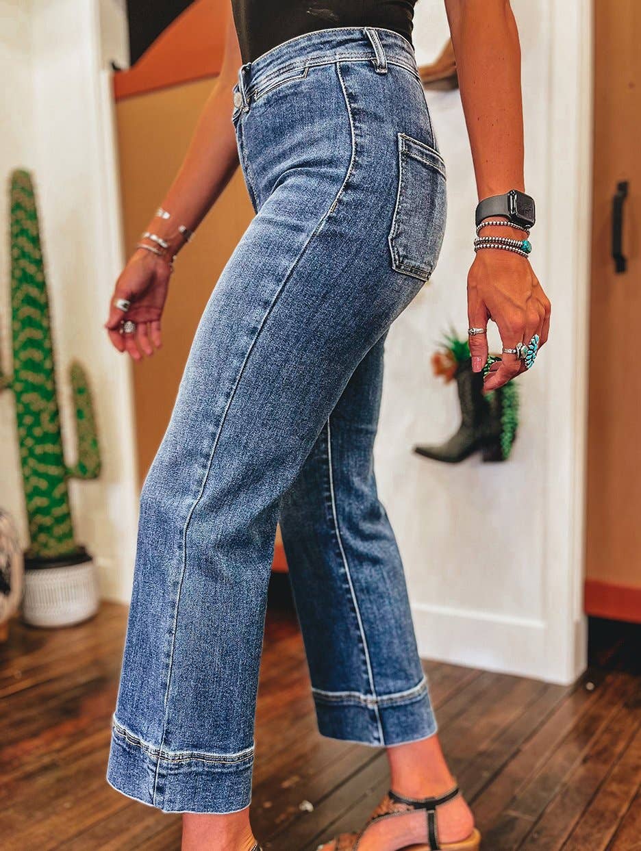 Mineral Wash High Waist Bell Bottom Crop Jeans: Blue / M