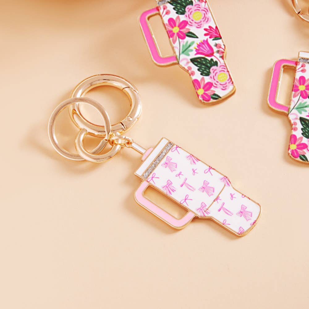 Enamel Floral Tumbler Back Engraved Keychain Bag Charm: Blue