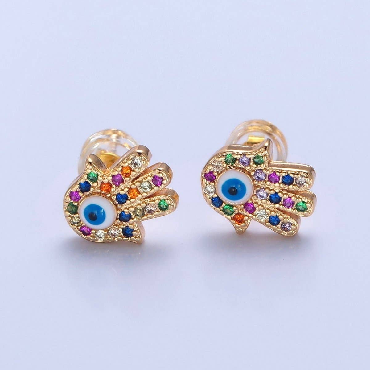 Multi Color Hand Stud Earring Gold Evil Eye Pave Earring T-500