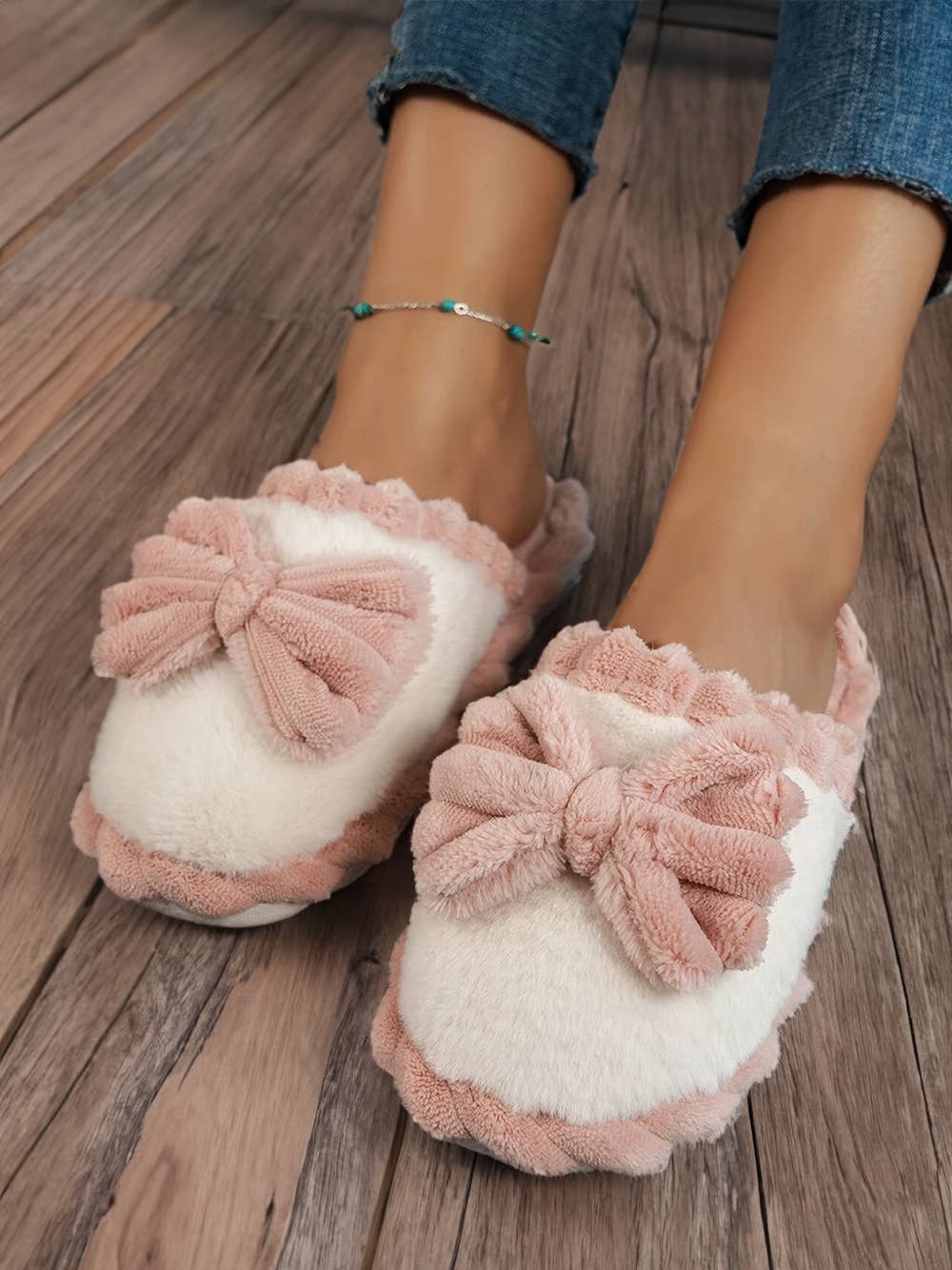 Valentine's day Bow Decor Color Block Ribbed Plush Slippers: Peach Blossom / (US 8.5)40