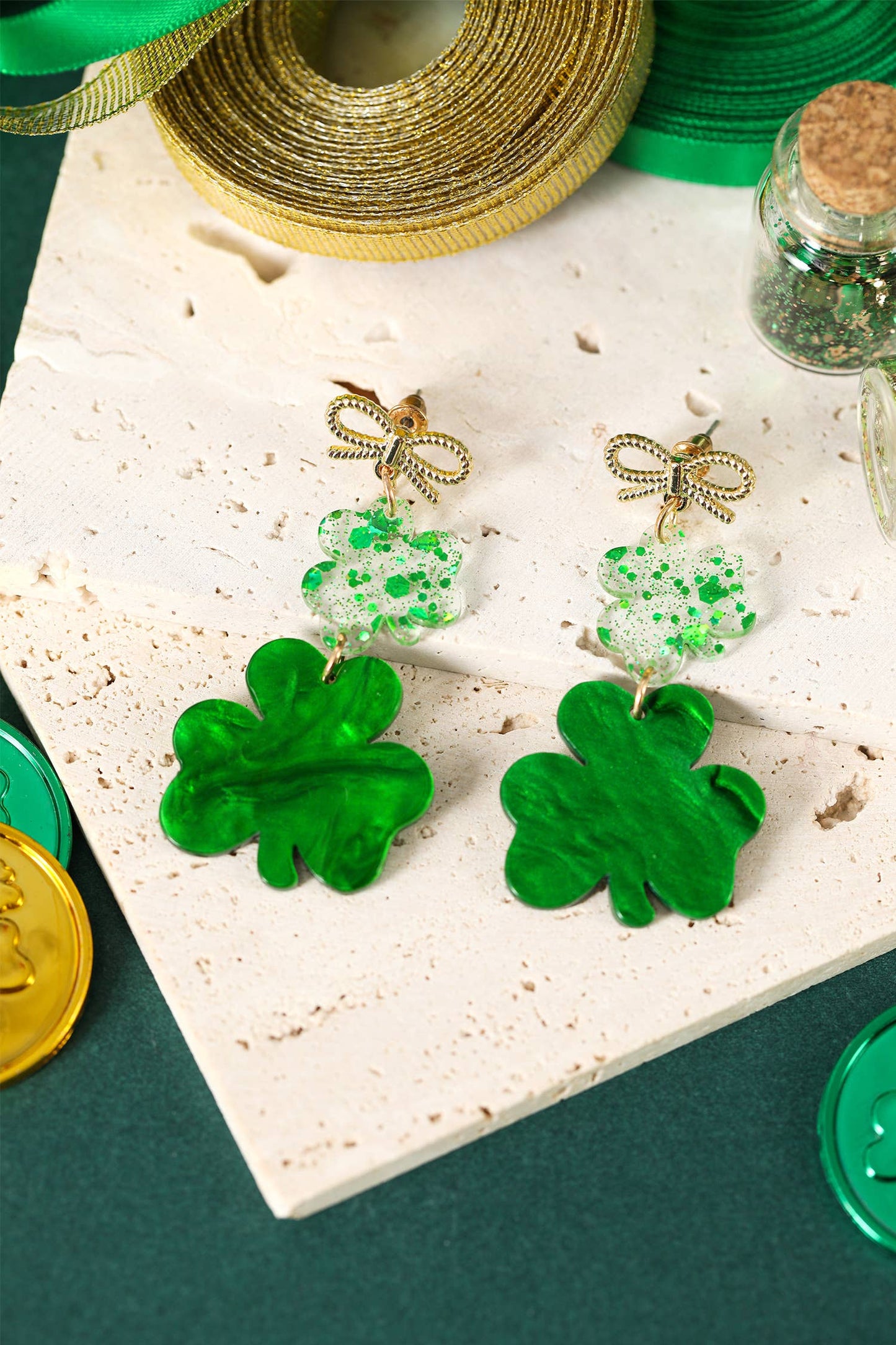 Clover Glitter Bow Drop Earrings Fashion Jewelry: Green / ONE SIZE