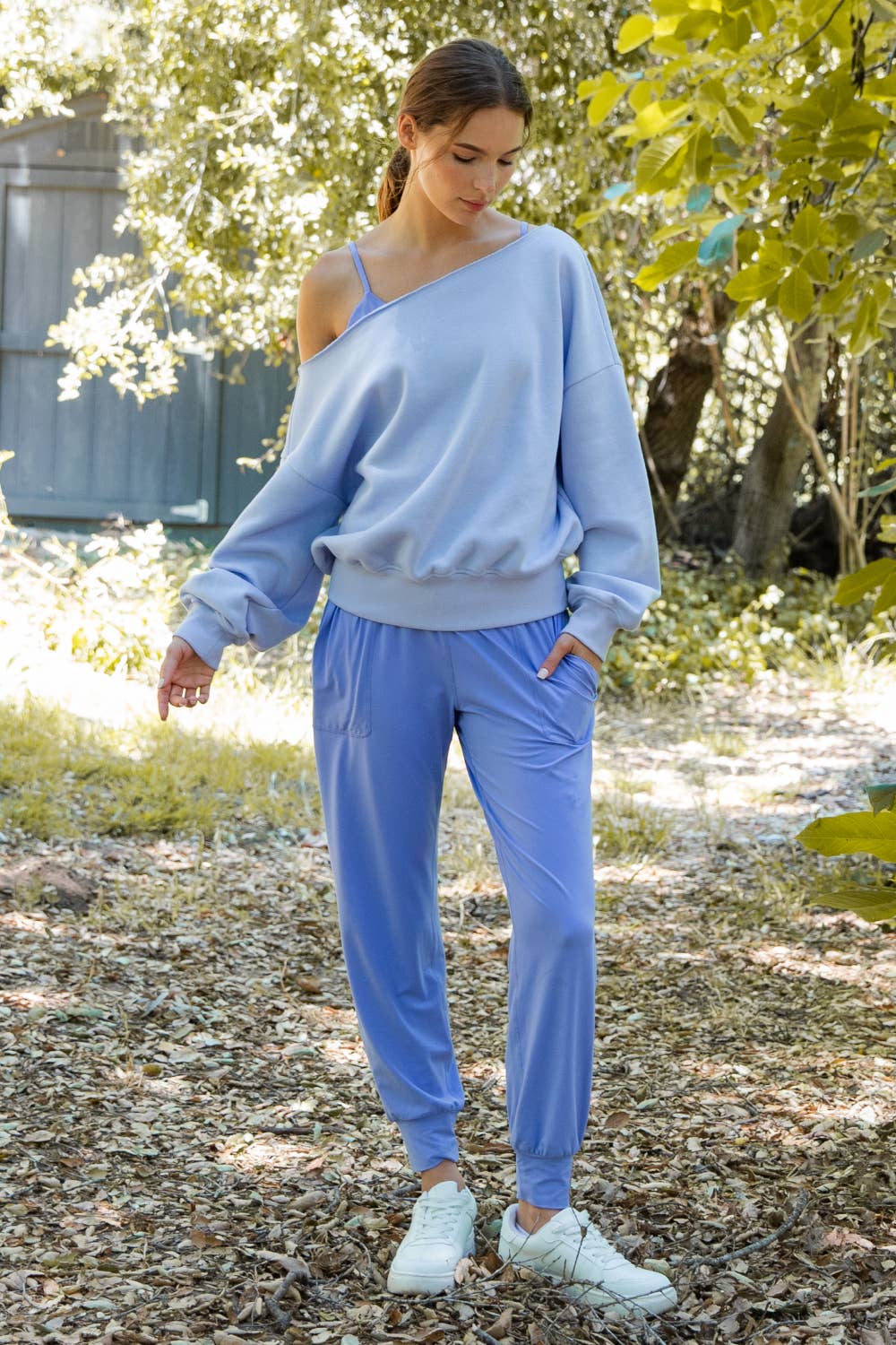 FRENCH TERRY FLEECE OFF SHOULDER SWEATSHIRT: Eucalyptus / S-M-L(2-2-2)