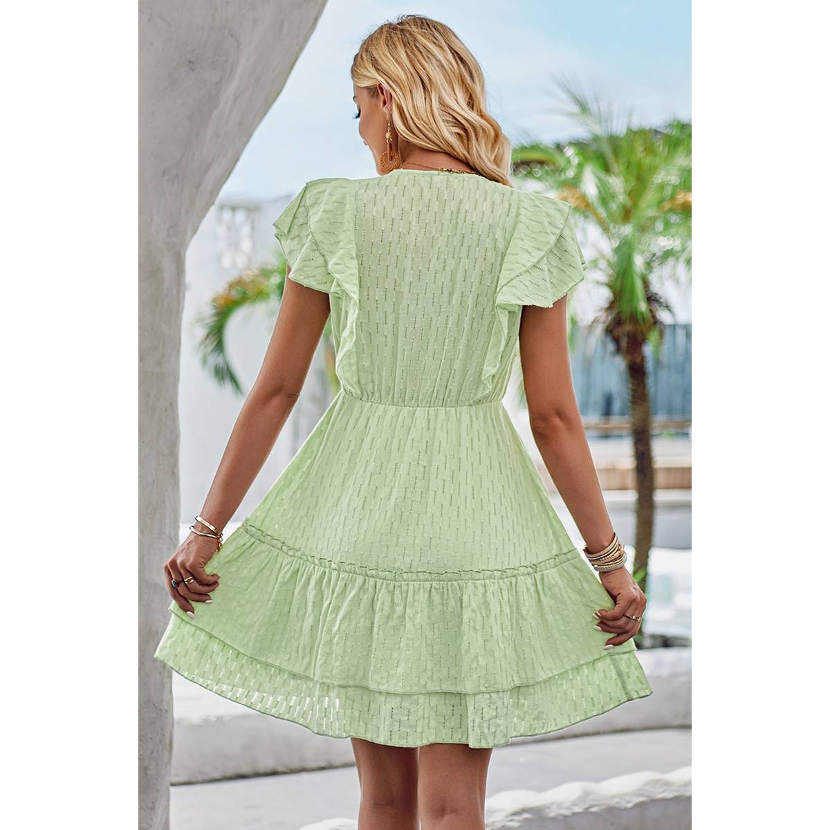 Cut Out Sleeveless Ruffle Trim V Neck Fit Dress: WHITE / M