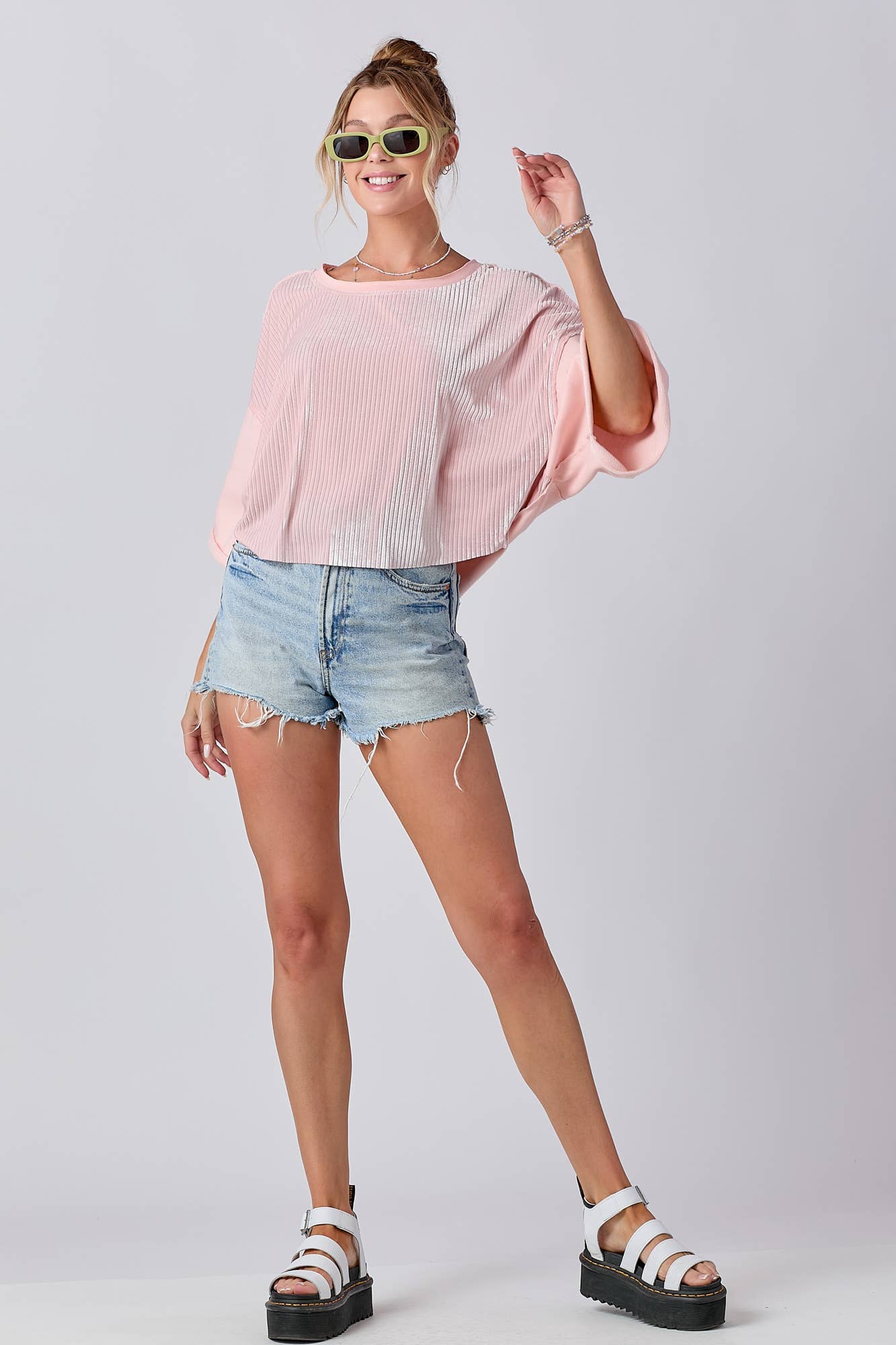 Mixed Fabric Round Neck Knit Top: PINK / M