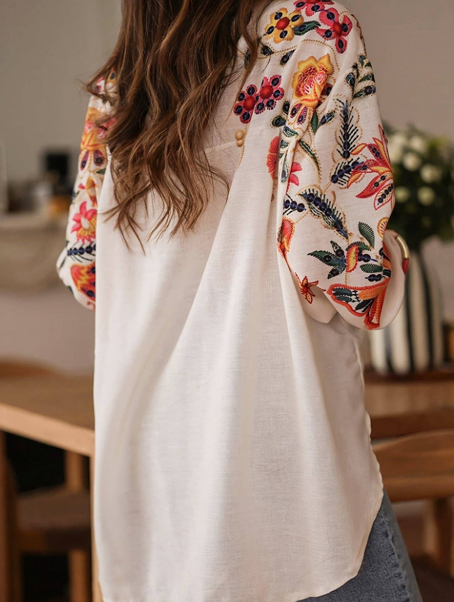 Loose long-sleeved digital printed shirt: Multicolor / (L) 1
