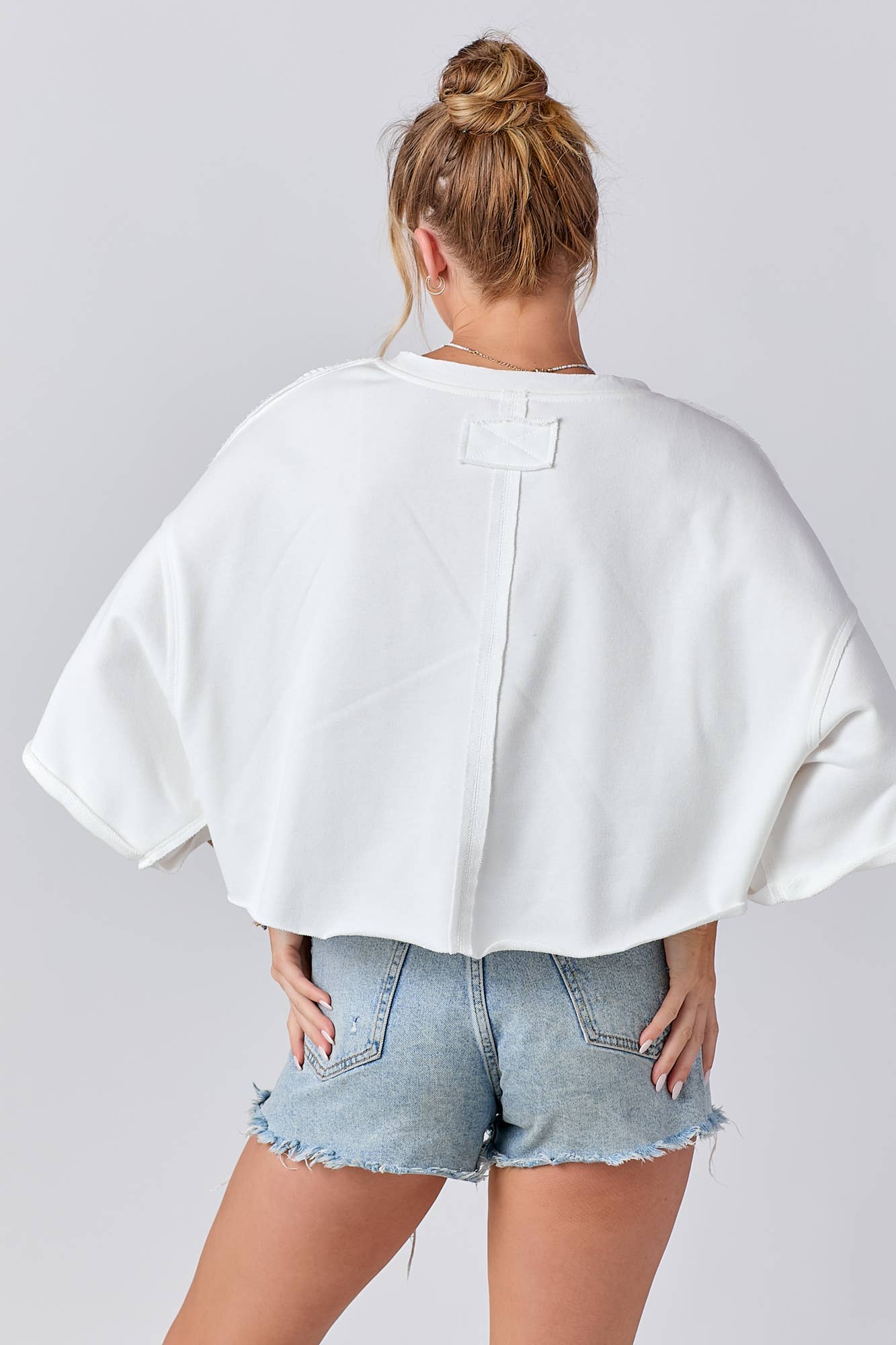 Mixed Fabric Round Neck Knit Top: PINK / L