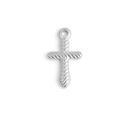 18K Gold PVD Stainless Steel Textured Cross Charm: Stainless
