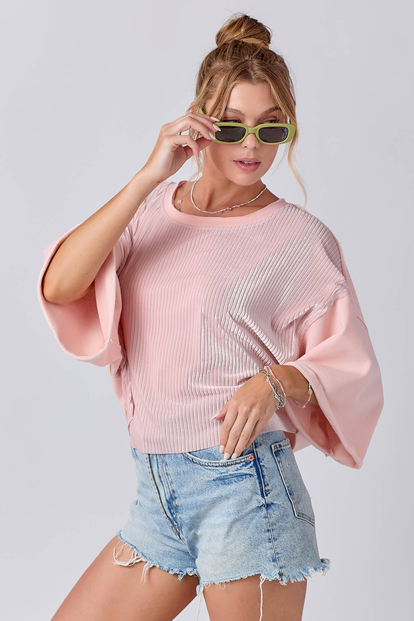 Mixed Fabric Round Neck Knit Top: IVORY / S