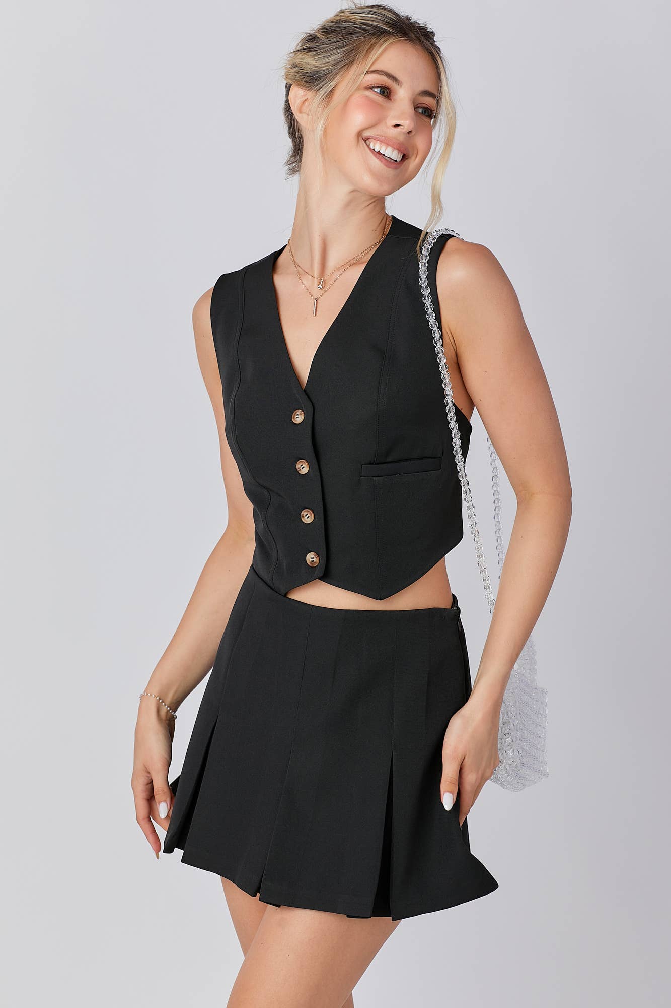 Gameday Front Button Closure Vest pleats Skort Set : RED / M