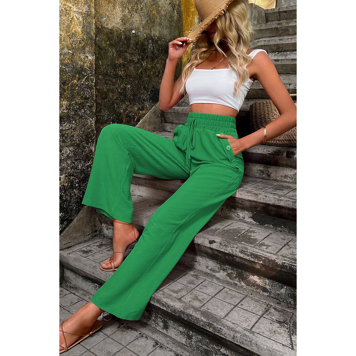 Elastic Waist Solid Pockets Button Trim Pants: GREEN / M