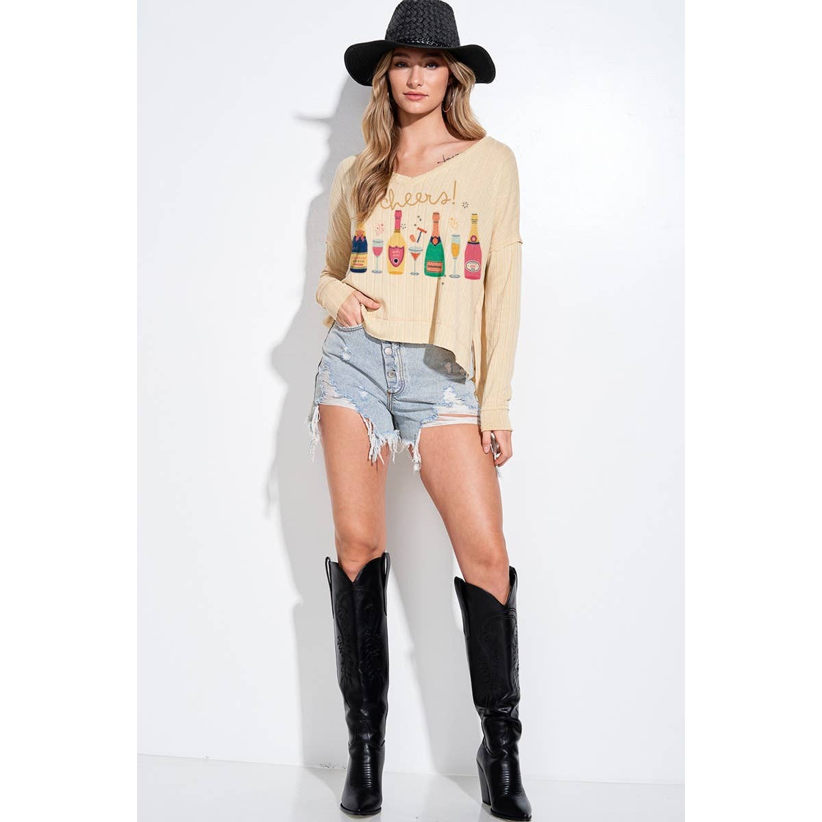 Holiday champagne bottle v neck long sleeve top: Butter / M