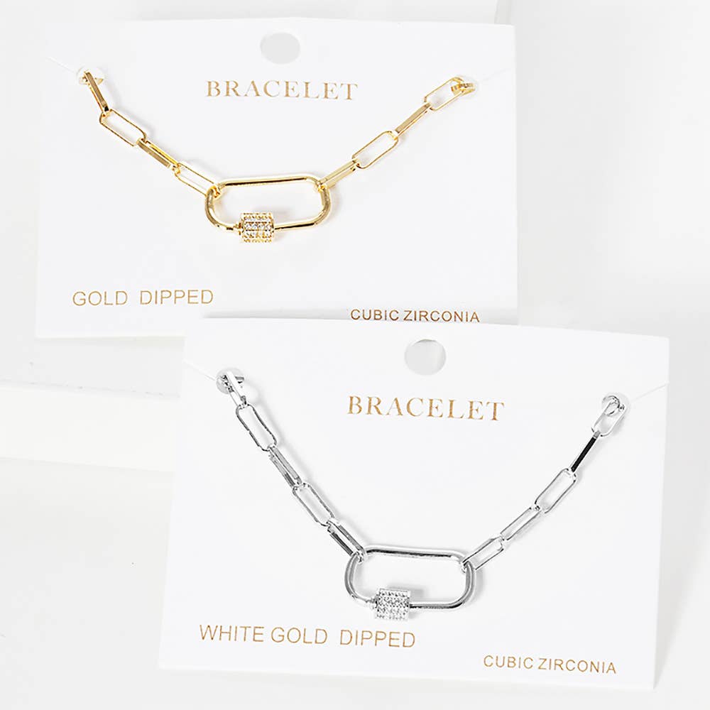Gold Dipped CZ Carabiner Pointed Paperclip Chain Bracelet: Silver