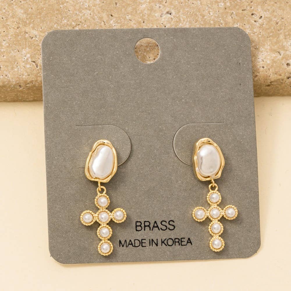 Pearl Studded Cross Dangle Earrings: GDCRM