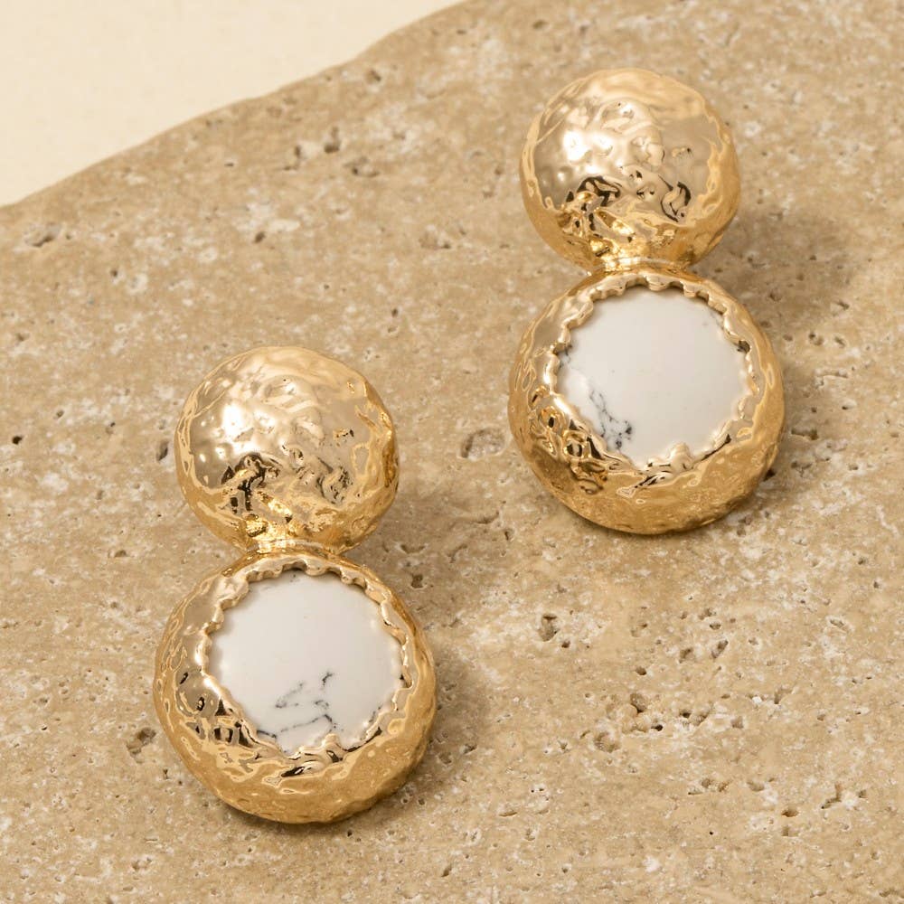 Hammered Dome And Stone Stud Dangle Earrings: TQGD