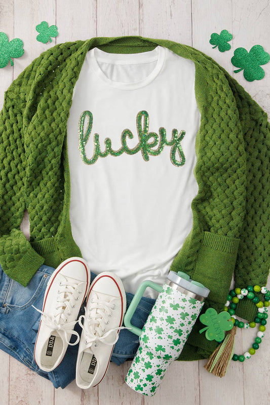 LDC Sequined Lucky St.Patricks Day Graphic Tee: White / L