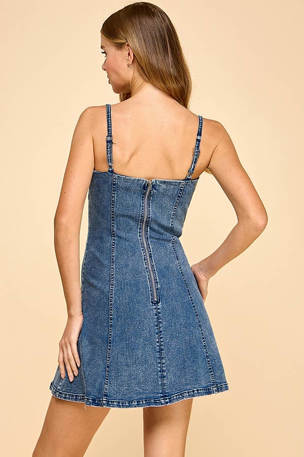 Fit and flare denim mini dress with cut out detail: DENIM / S