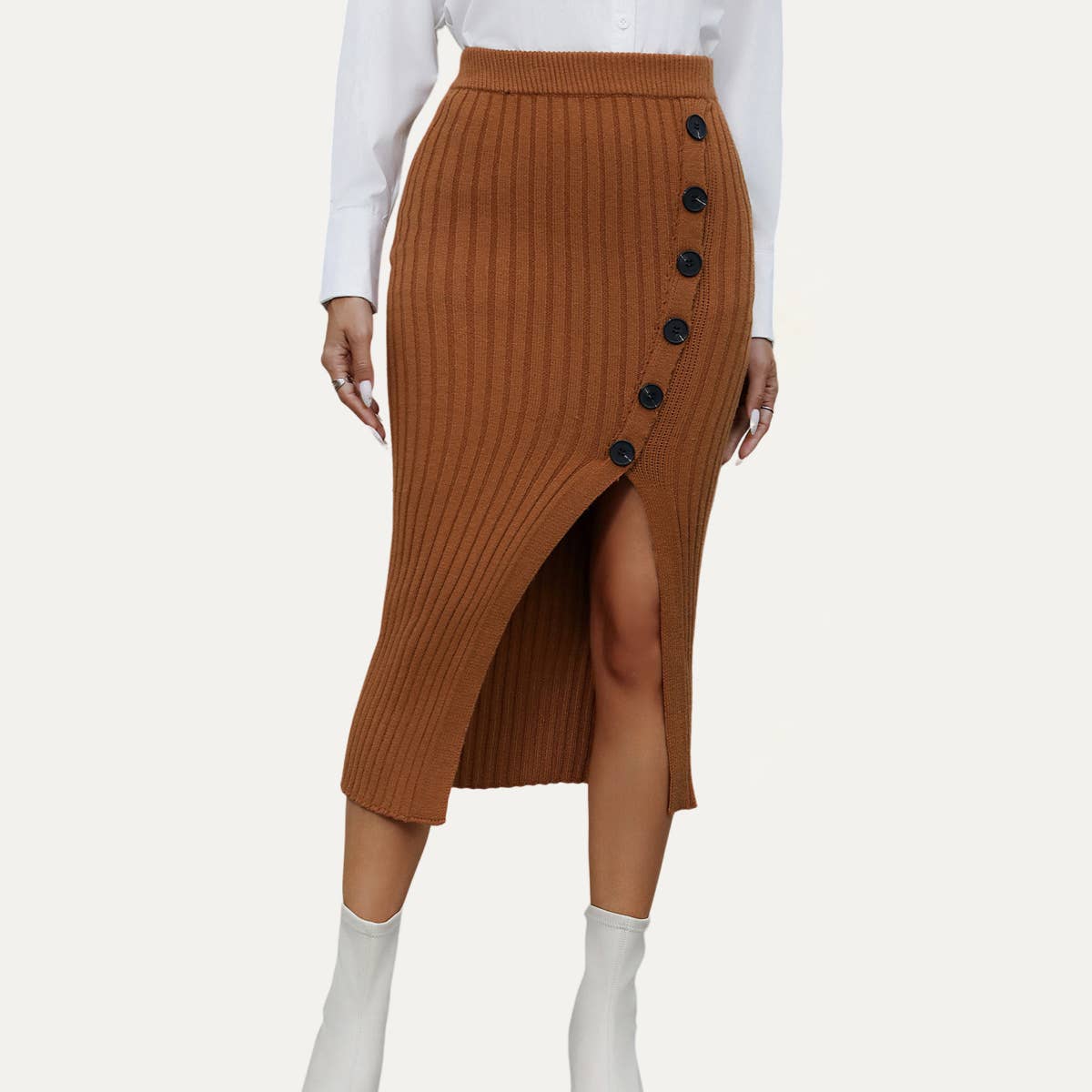 Fashionable Textured High-Waist Button-Front Midi Skirt: Caramel / S