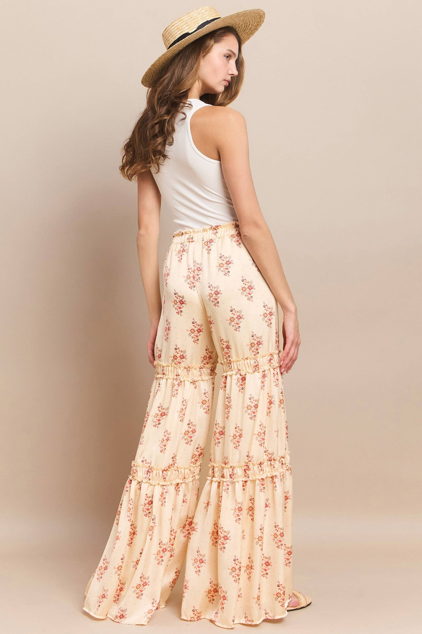 SATEEN FLORAL PRINT TIERED PALAZZO PANTS W2373PB BEIGE : Beige / L