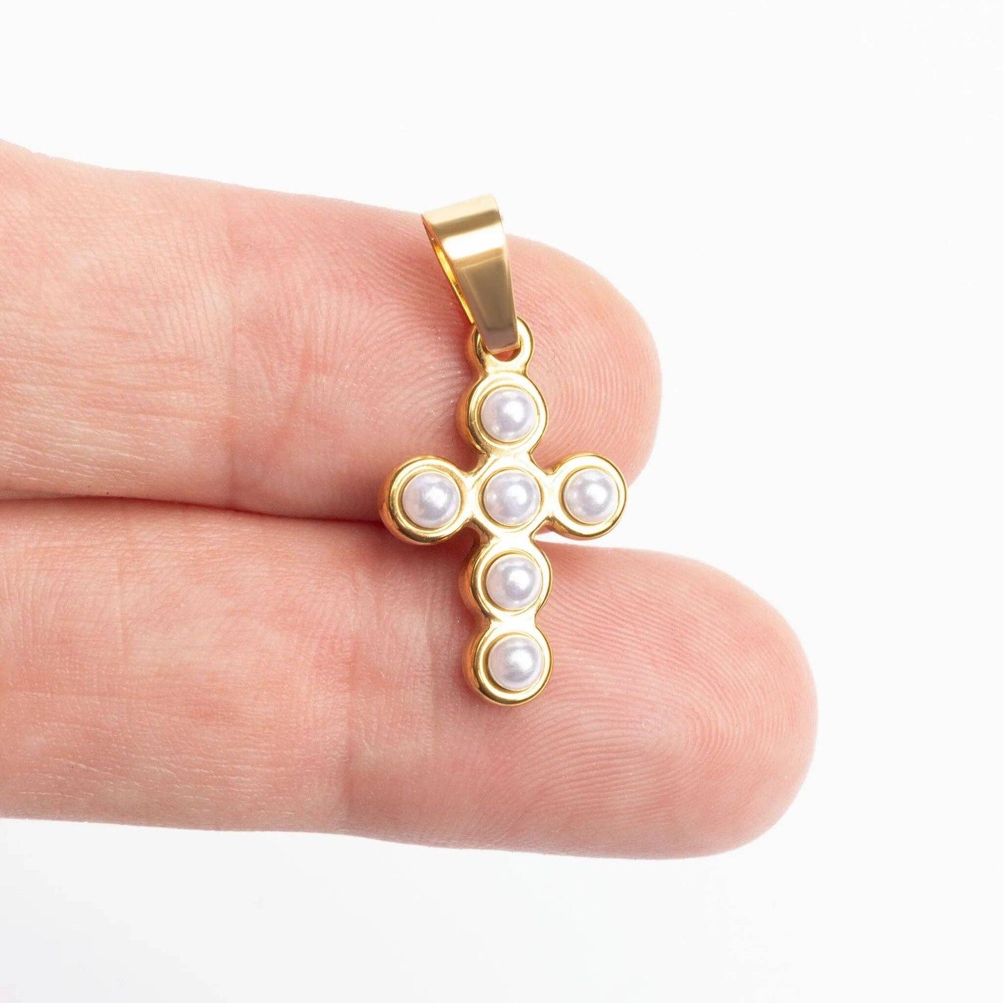 18K Gold PVD Stainless Steel Pearl Cross Charm: Gold
