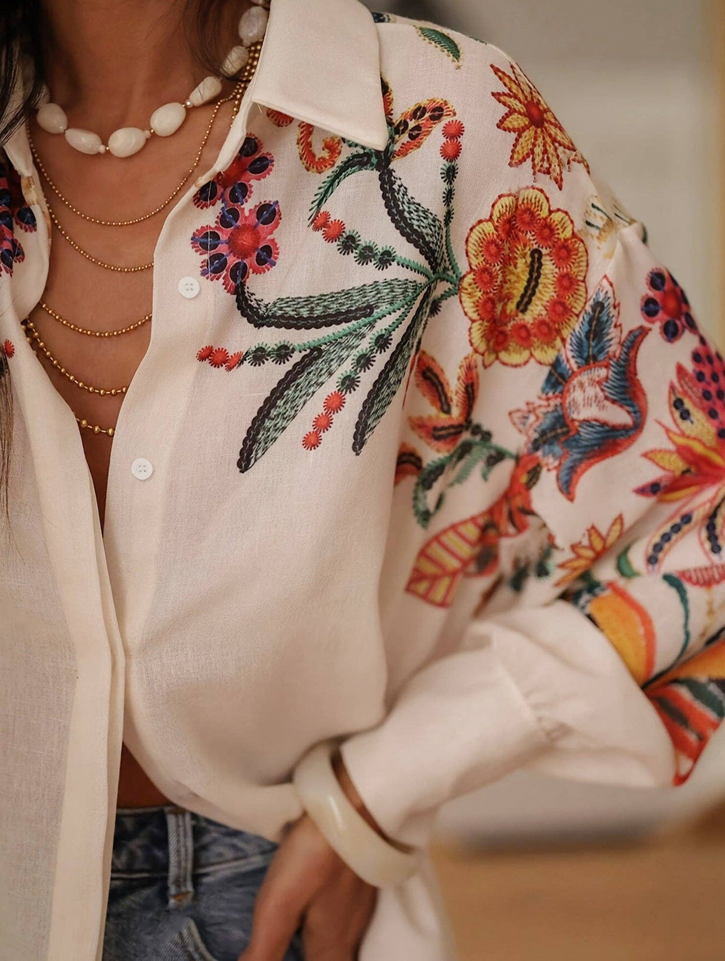 Loose long-sleeved digital printed shirt: Multicolor / (L) 1