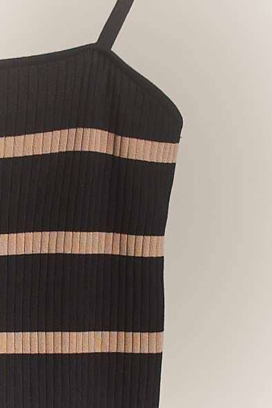 Spaghetti Strap Stripe Bodycon Knit Dress: Black / M
