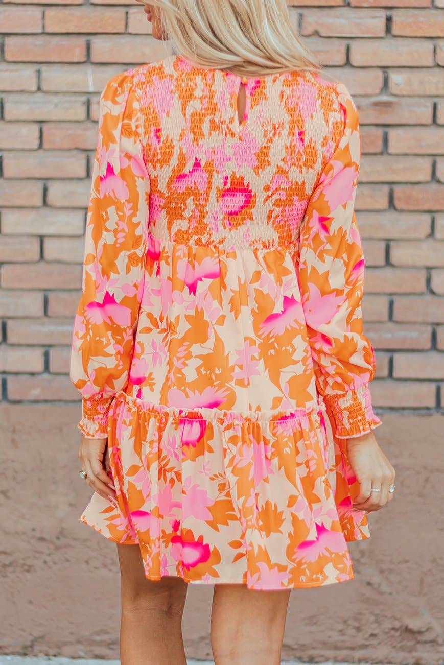 Abstract Lantern Sleeve Ruffle Mini Dress: Orange / S