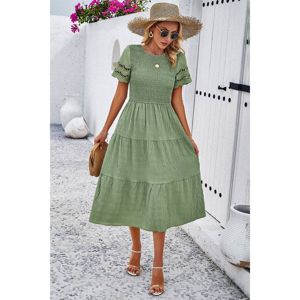 Lace Round Neck Ruched Fit Ruffle Solid Dress: WHITE / S