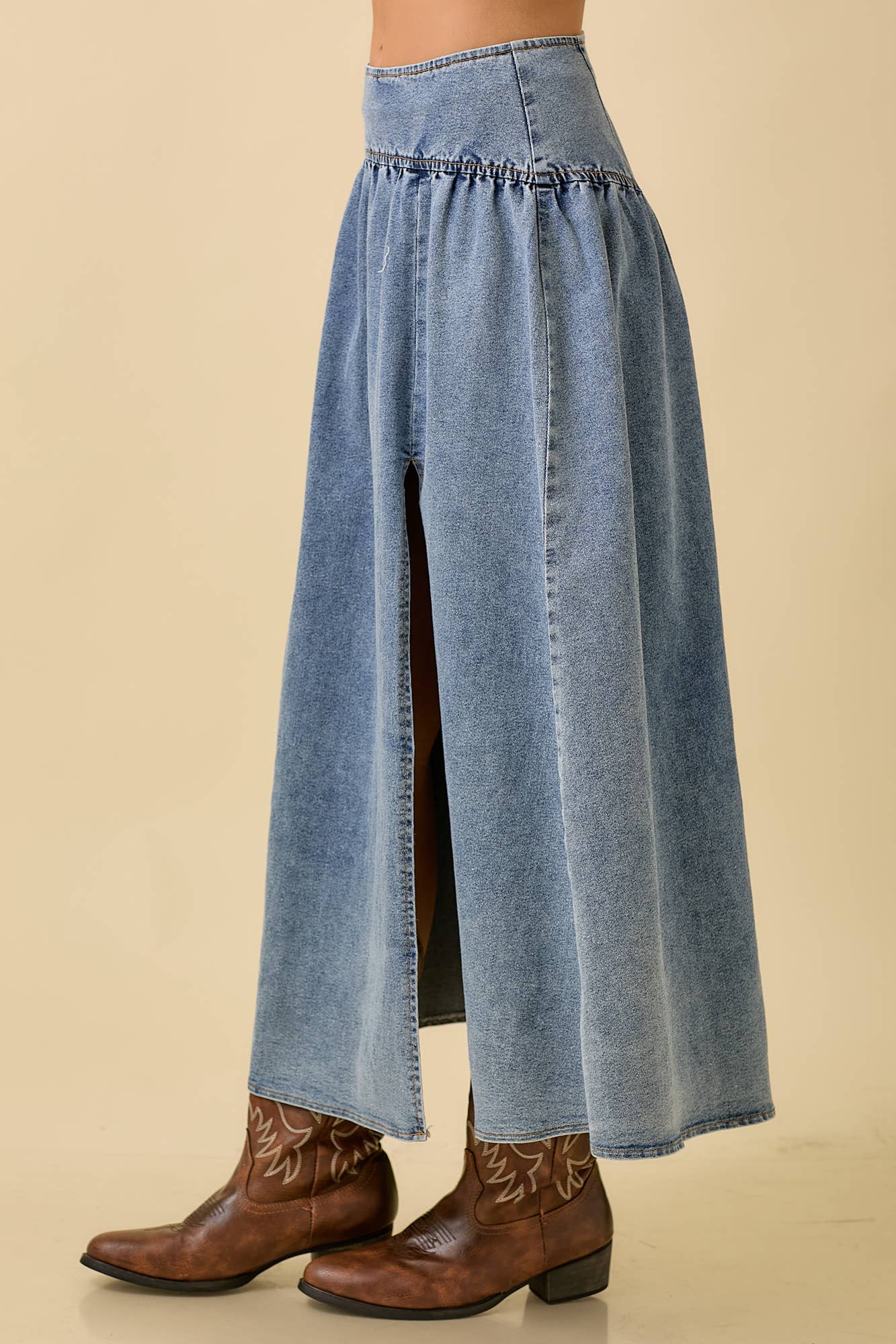 Midi Denim Skirt With Center Thigh Slit: DENIM / S