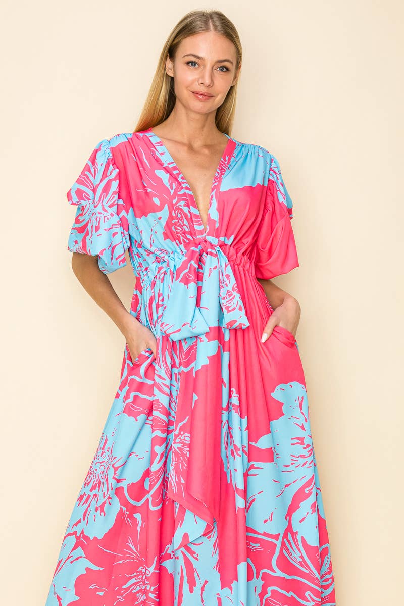 PRINTED V NECK MAXI DRESS WITH POCKETS