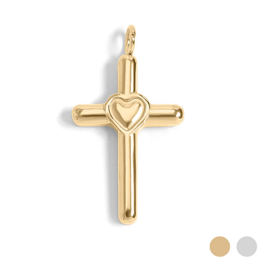 18K Gold PVD Stainless Steel Heart in Cross Charm: Gold