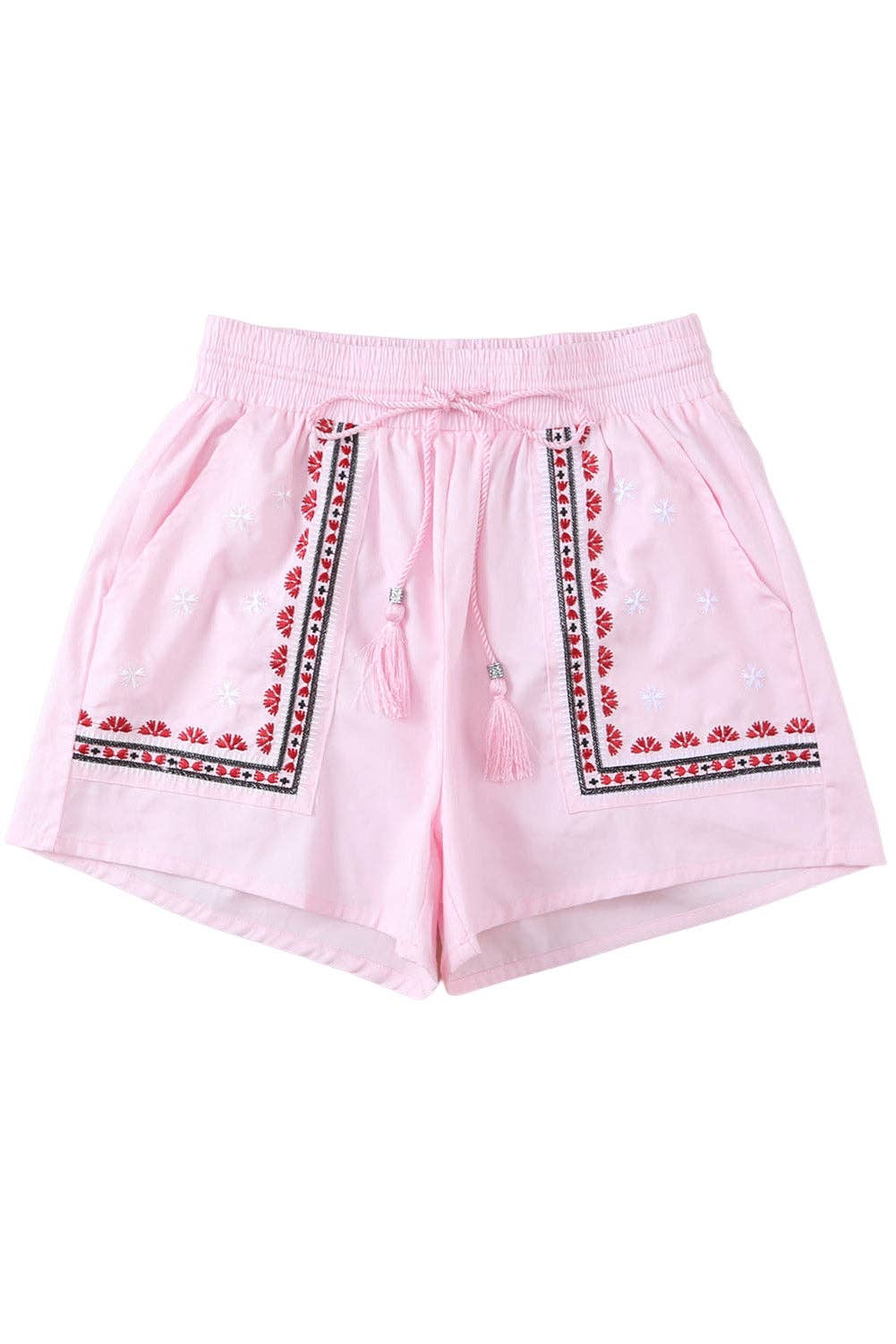 Boho Floral Embroidered Tasseled Shorts: Pink / L