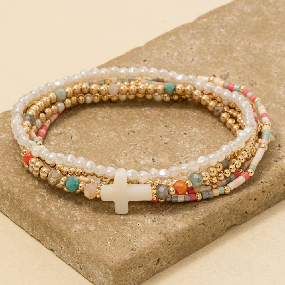 Sea Shell Cross Charm Mixed Mini Beaded Bracelet Set: MINT