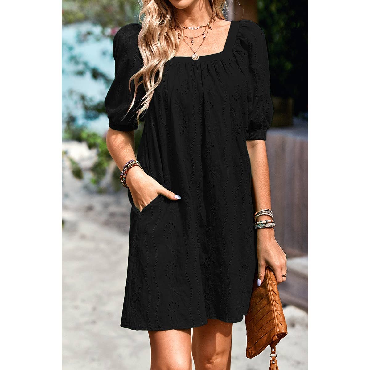 Square Neck Short Bubble Sleeve Babydoll Dress: WHITE / S