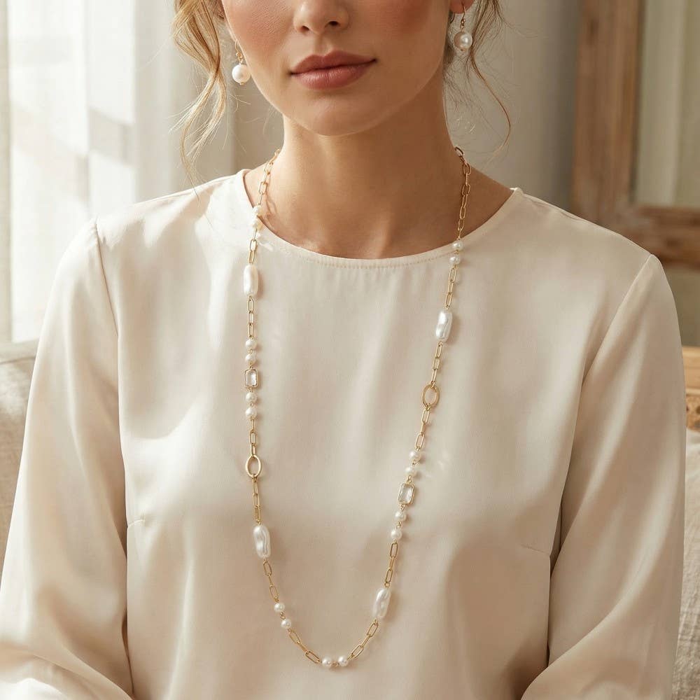 Long Pearl Station Chain Necklace Set: GD