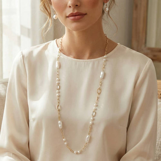 Long Pearl Station Chain Necklace Set: GD