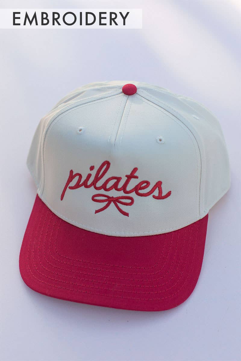 Embroidery Pilates Cute Bow Hat: Red/Tan