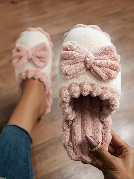 Valentine's day Bow Decor Color Block Ribbed Plush Slippers: Peach Blossom / (US 9.5)41