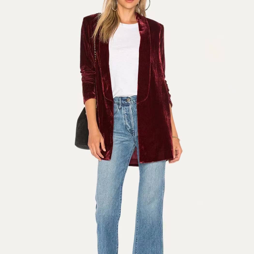 Trendy Velvet Solid Open Front Lightweight Blazer: Dark Red / M