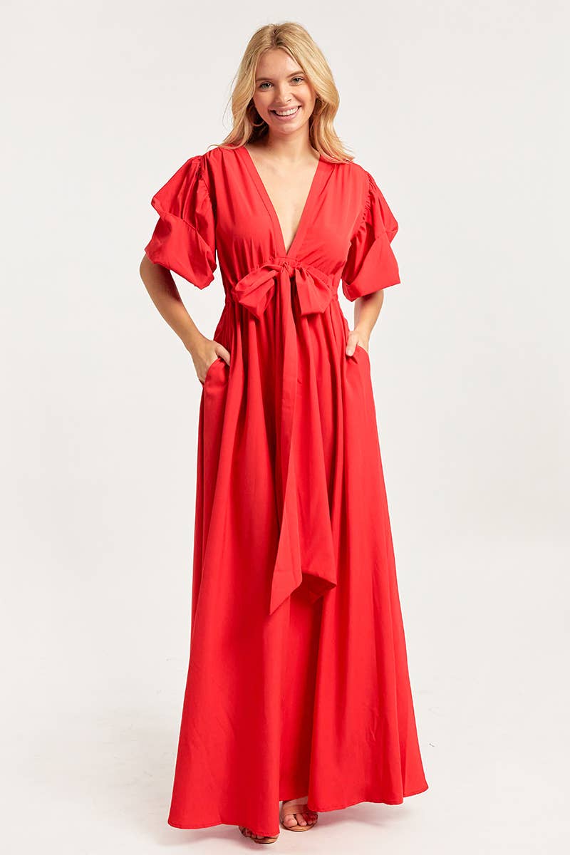 V NECK MAXI DRESS WITH PUFF SLEEVES: Green