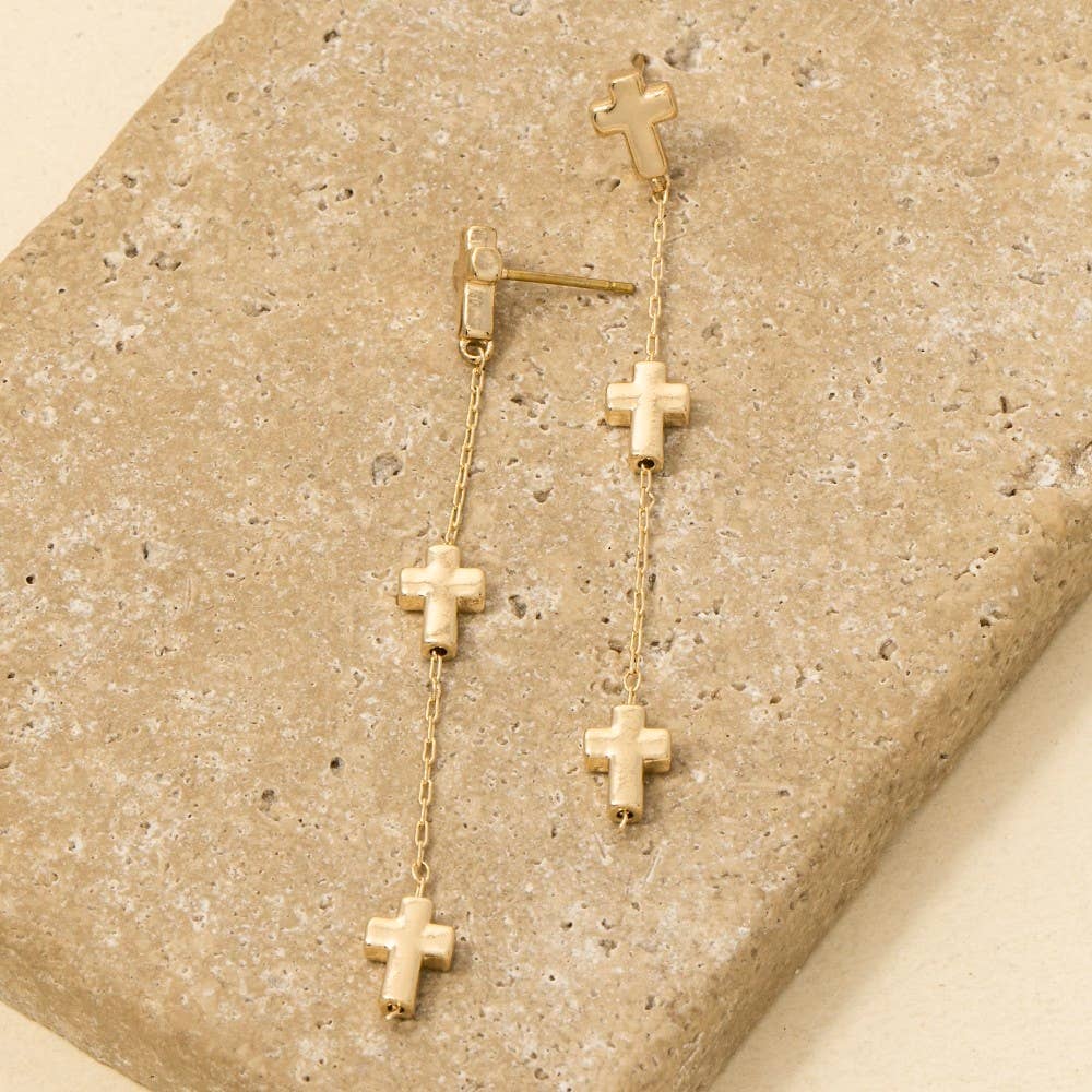 Triple Cross Charms Chain Dangle Earrings: GD
