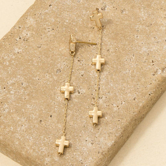 Triple Cross Charms Chain Dangle Earrings: GD