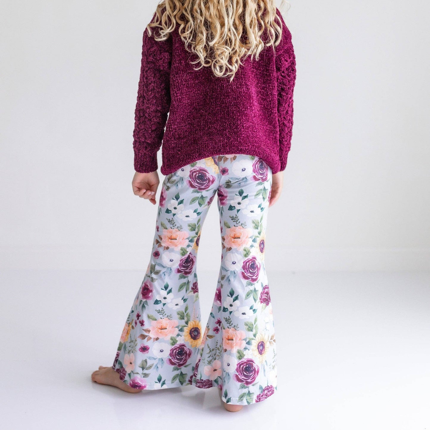 Kids Long Sleeve Plum Sweater & Sage Floral Bell Bottom Set: 7/8
