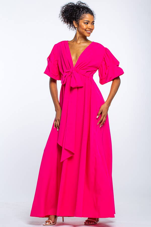 V NECK MAXI DRESS WITH PUFF SLEEVES: Green