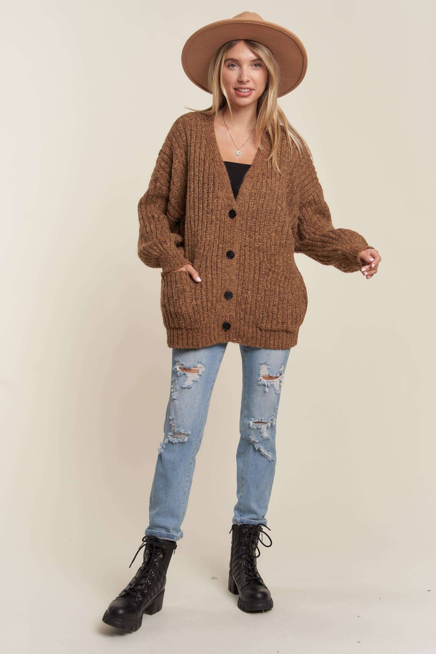 LESW3441A -  BUTTON DOWN COZY SWEATER CARDIGAN: HOT PINK / M/L