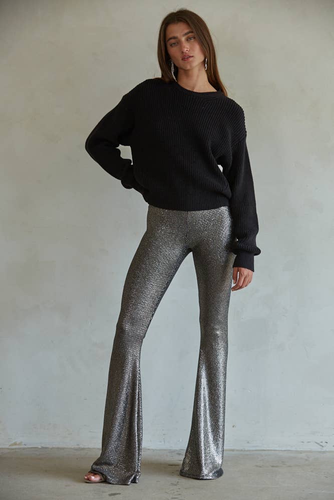 L7721 | Knit Nylon Spandex Rib High Waist Bootcut Pants: Black Gold / L