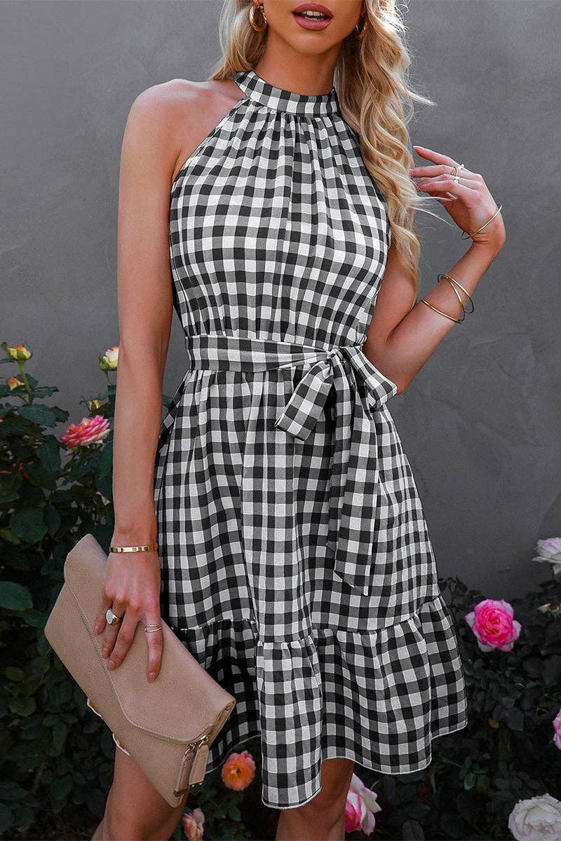 Plaid Key Hole Back Halter Sleeveless Dress: KHAKI / S