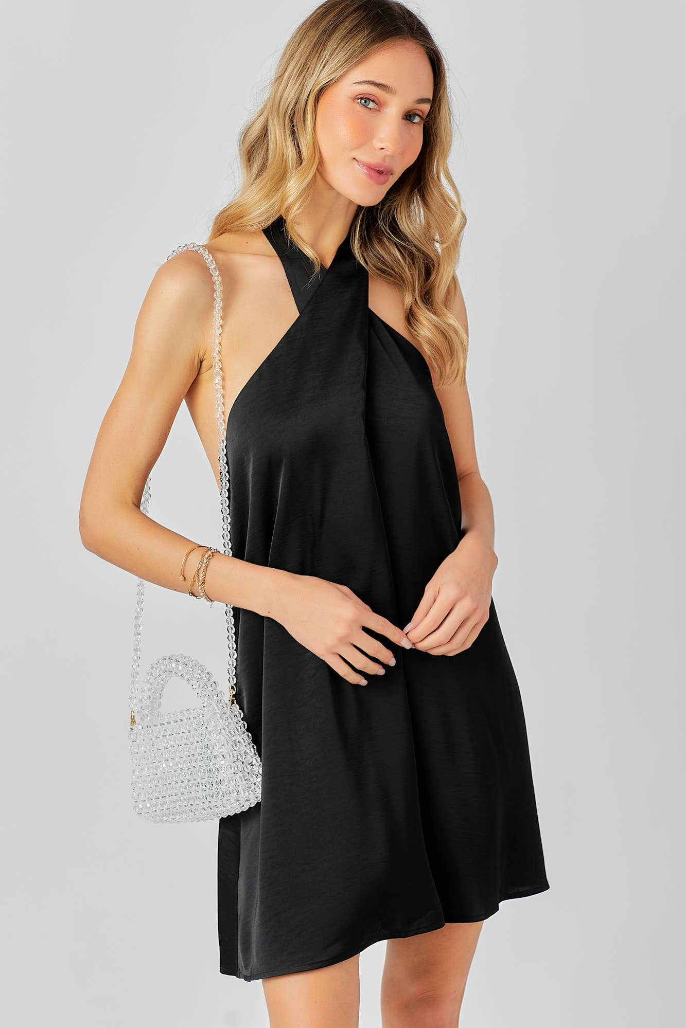Halter Cross Neck Dress: BLACK / L