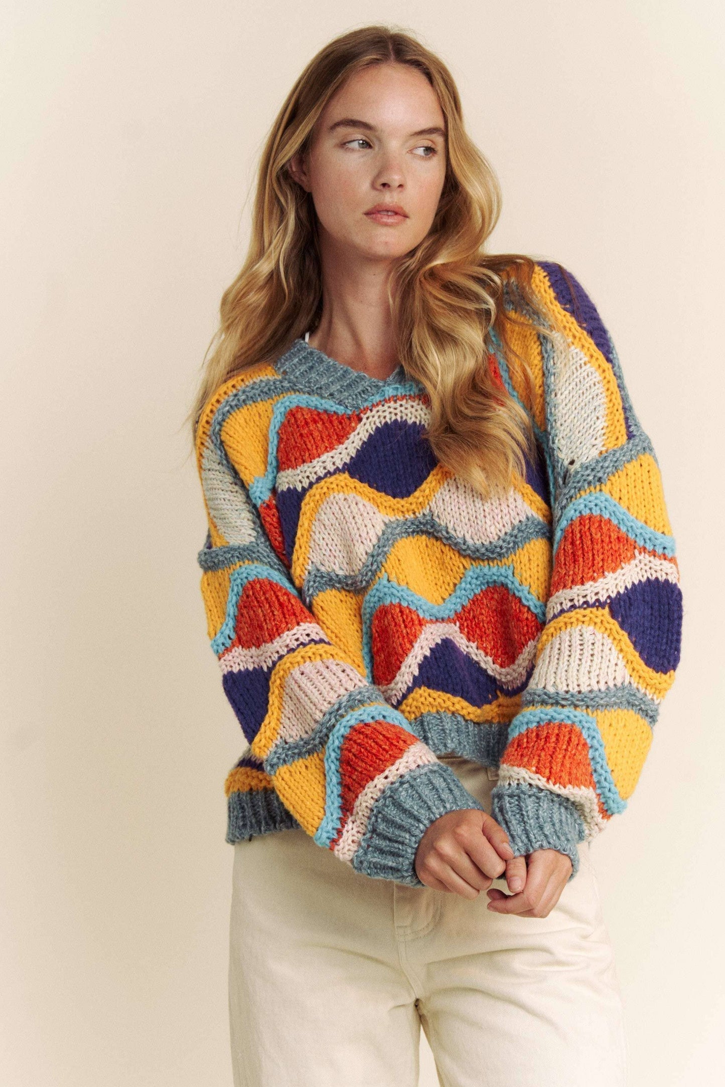 V NECK LONG SLEEVE MULTI COLOR SWEATER TOP: MULTI / S
