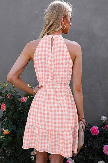 Plaid Key Hole Back Halter Sleeveless Dress: KHAKI / S
